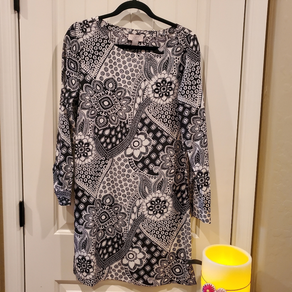 Loft Black and White Shift Dress Sz S